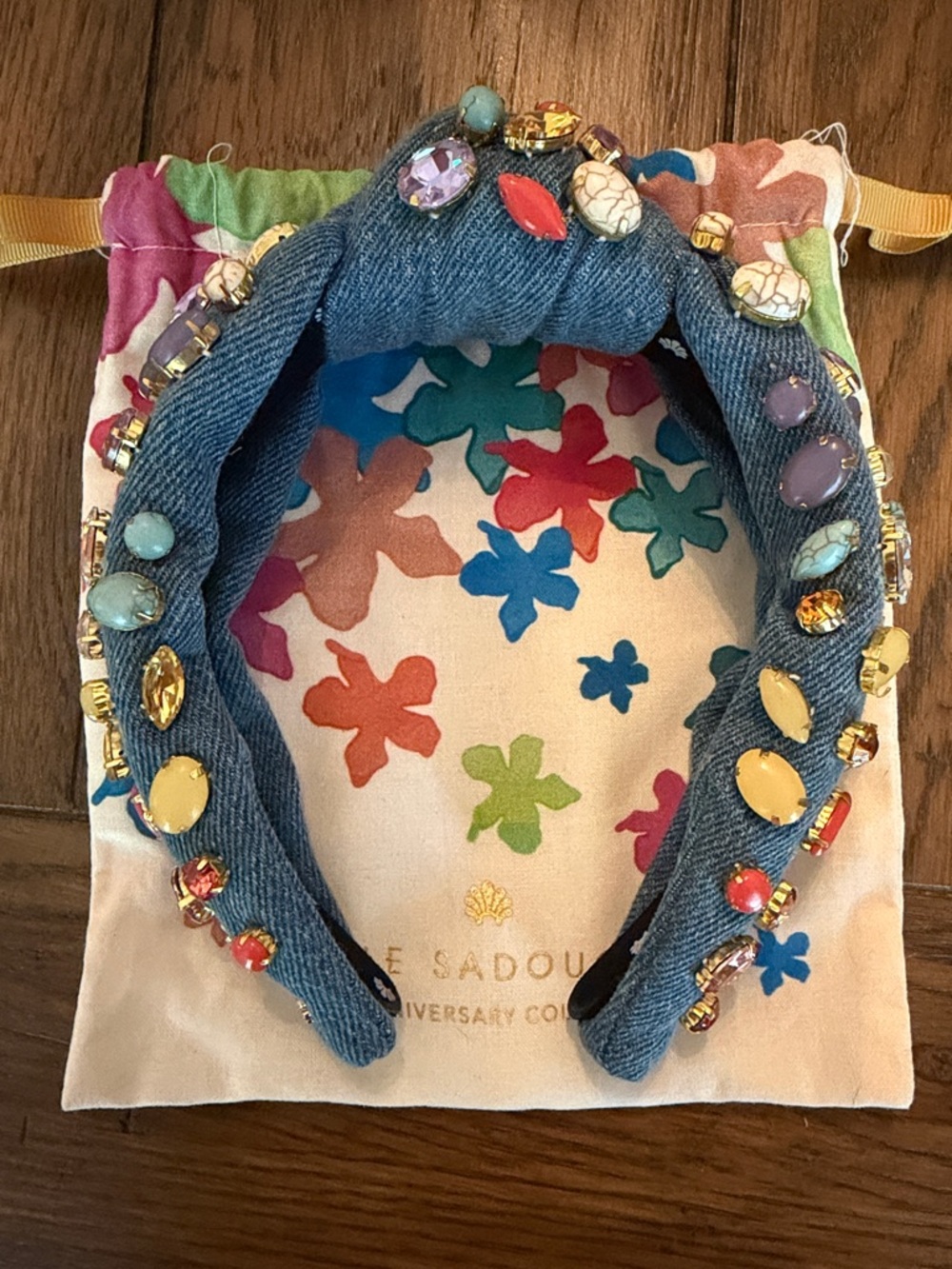 Lele Sadoughi Denim Headband with Multicolored Gemstones